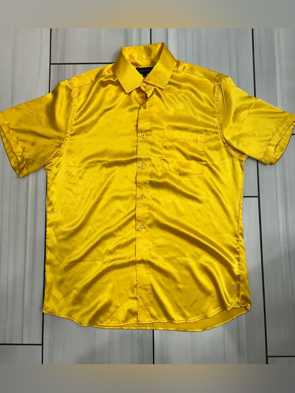 DiBanGu Dress Shirt Mens L Yellow Satin Shiny Contrast Formal